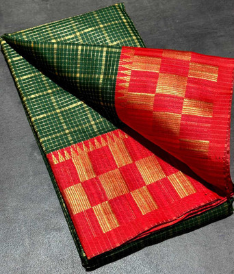 JbWorld Checkered, Woven, Self Design, Embellished Chettinadu Jacquard, Cotton Silk Saree(Green, Red)