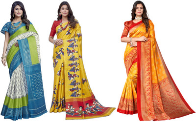 YASHIKA Woven, Printed Kalamkari Art Silk Saree(Pack of 3, White, Blue, Yellow)