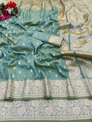 KanjiQueen Woven, Self Design Banarasi Silk Blend, Pure Silk Saree(Light Blue, Silver)