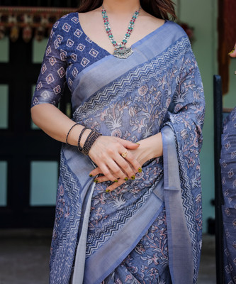 ALMAARI FASHION Solid/Plain Handloom Cotton Linen Saree(Blue)