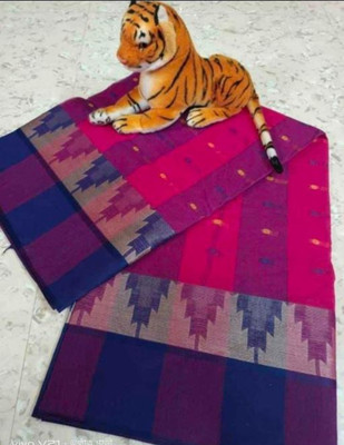 Sandhyatara Temple Border Tant Pure Cotton Saree(Pink, Dark Blue)