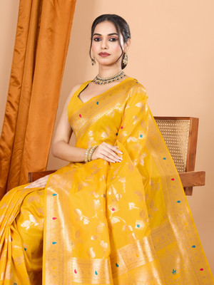 SICHYAH Woven Banarasi Pure Silk Saree(Yellow)