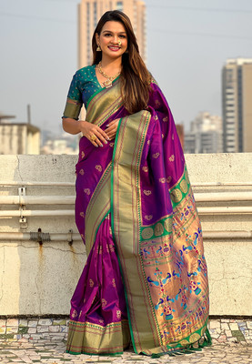 SICHYAH Woven, Self Design Paithani Pure Silk Saree(Purple)