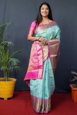 HouseOfCommon Self Design Banarasi Cotton Silk, Jacquard Saree(Light Blue, Pink, Gold)