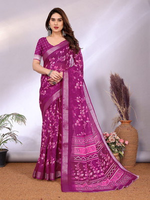 Moda Rapido Printed Bollywood Linen Saree(Pack of 2, Purple)