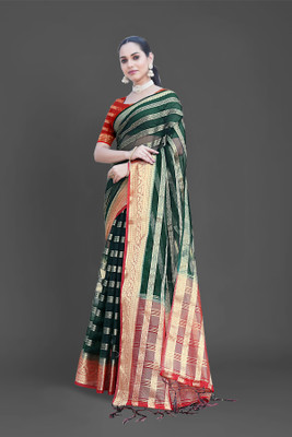 Aarunika MNT Solid/Plain Bollywood Organza Saree(Dark Green)