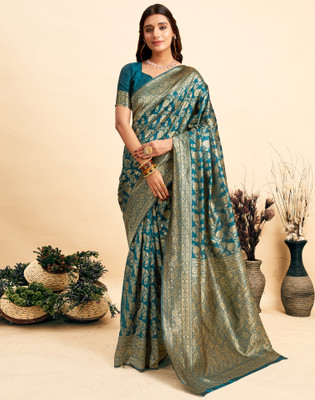 Samah Embellished, Woven, Self Design Banarasi Silk Blend, Jacquard Saree(Blue, Gold)