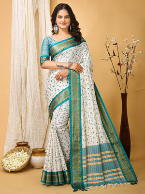 Sareemall Printed Chinnalapattu Silk Blend Saree(White, Light Blue)
