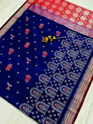 EEFA FASHION Embroidered Sambalpuri Satin Saree(Dark Blue)