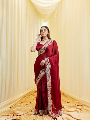 KASEE Embellished, Applique Bollywood Silk Blend Saree(Maroon)