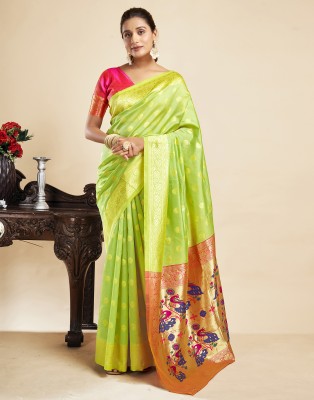 Samah Woven, Embellished, Self Design Paithani Silk Blend Saree(Light Green, Pink)