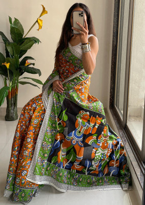 perical Floral Print, Printed, Digital Print Kalamkari Cotton Blend Saree(Orange)