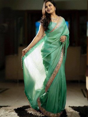 ANOUK Embellished Bollywood Tissue Saree(Light Green)