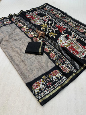 2SD gratitude Printed Kalamkari Cotton Linen, Dupion Silk Saree(Grey, Black)