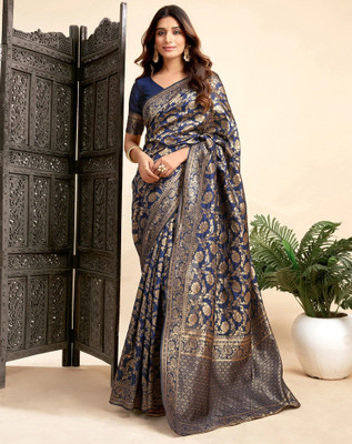 SATQ Self Design, Solid/Plain Kanjivaram Cotton Silk, Jacquard Saree(Blue)