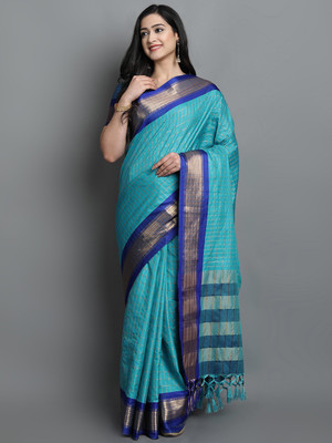 sanvi Woven, Checkered, Embellished, Self Design Daily Wear Jacquard, Cotton Silk Saree(Light Blue)