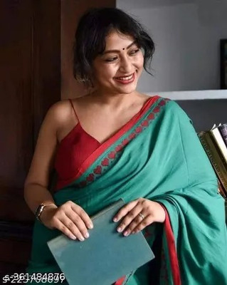 Barshaa Solid/Plain Handloom Cotton Blend Saree(Red)