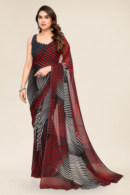 kashvi sarees Striped, Printed Leheria Georgette Saree(Red, Black)