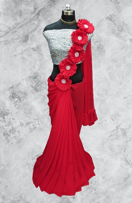 LD CREATION Self Design Bollywood Georgette Saree(Red)