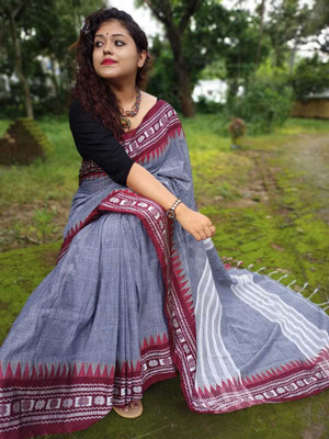 GhoshEthnic Temple Border, Solid/Plain Daily Wear Handloom Pure Cotton Saree(Grey, Maroon)