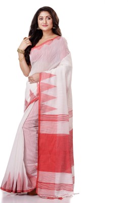 Desh Bidesh Self Design, Solid/Plain, Striped, Woven, Temple Border Handloom Cotton Blend, Pure Cotton Saree(White)