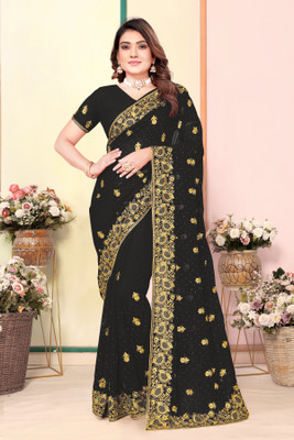 CHAMUNDA CREATION Embroidered Bollywood Georgette Saree(Black)