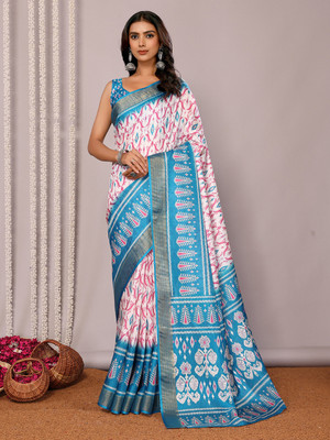Janasya Printed, Floral Print Chanderi Silk Blend Saree(Blue)