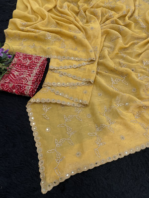 CHAMUNDA CREATION Embroidered Bollywood Chiffon Saree(Cream)