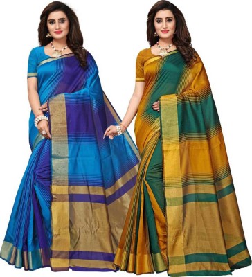 Alka Fashion Self Design Mysore Cotton Jute Saree(Pack of 2, Light Blue, Yellow)