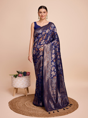 Yogik Creation Floral Print Banarasi Silk Blend Saree(Blue)