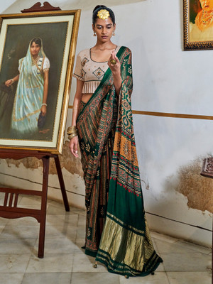 Sareemall Printed Patola Silk Blend Saree(Dark Green)