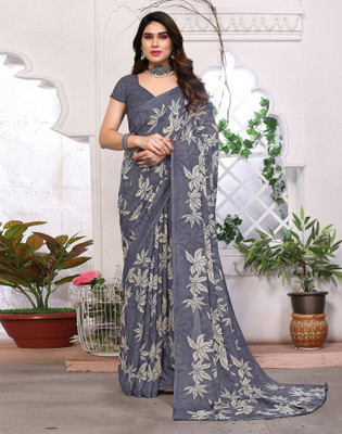 Samah Floral Print, Geometric Print, Printed Daily Wear Georgette Saree(Grey, Cream)