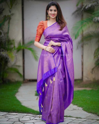 KRIYANSH Woven Kanjivaram Cotton Silk, Jacquard Saree(Purple)