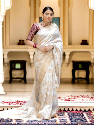SNH EXPORT Embroidered Banarasi Jacquard Saree(White)