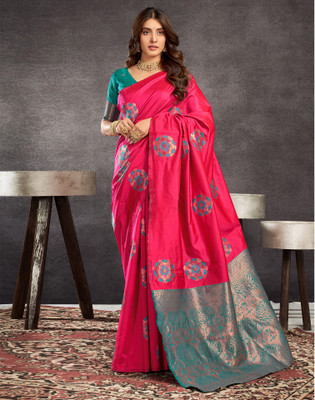 Samah Woven, Embellished, Self Design Banarasi Silk Blend Saree(Magenta, Blue)