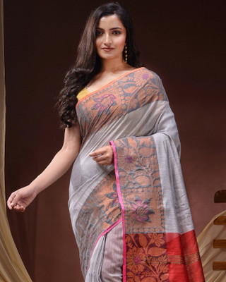 Desh Bidesh Woven Handloom Pure Cotton, Cotton Silk Saree(Grey, Red)