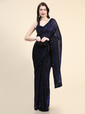 Snija Fashion Solid/Plain Bollywood Supernet Saree(Blue)