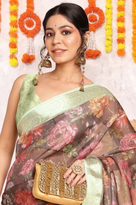 MIRCHI FASHION Printed, Floral Print Bollywood Organza Saree(Magenta, Light Green, Multicolor)