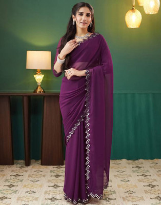 SARETRA MALL Solid/Plain Bollywood Georgette Saree(Dark Blue)