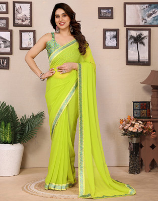Samah Embellished, Solid/Plain Bollywood Georgette Saree(Green)