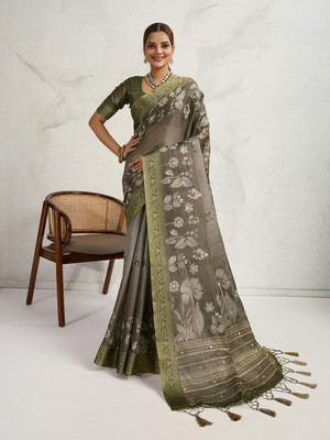 RekhaManiyar Printed Saree with Attached Blouse Silk Blend Saree(Green)
