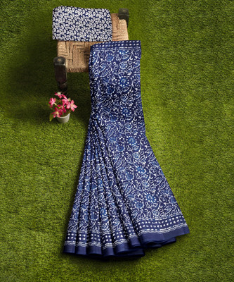 LOVWEAR Floral Print Daily Wear Pure Cotton Saree(Blue)