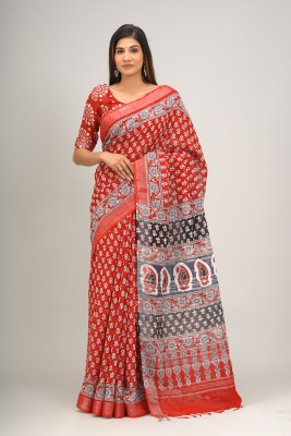 KRISHNA FASHION Printed Daily Wear Cotton Linen Saree(Red)