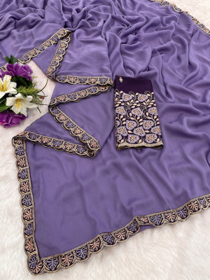 K 5 FASHION Embroidered, Solid/Plain Bollywood Georgette Saree(Purple)