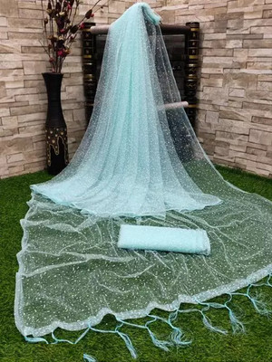 FINIVOIR Self Design Bollywood Net Saree(Light Blue)