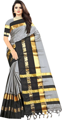 MoonTextile Temple Border Assam Silk Cotton Silk Saree(Grey)