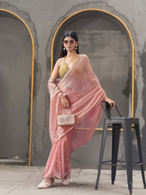 Tikhi Imli Solid/Plain Saree with Attached Blouse Lycra Saree(Pink)