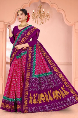 TwishaSaree Printed Bandhani Handloom Pure Cotton Saree(Pink, Purple, Mustard, Green)