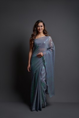 FSUS Embellished Assam Silk Georgette Saree(Grey)