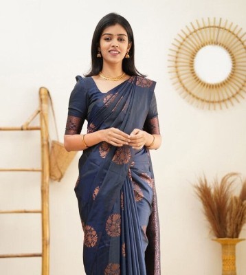 ARUXA FASHION Printed Kanjivaram Pure Silk, Art Silk Saree(Blue)